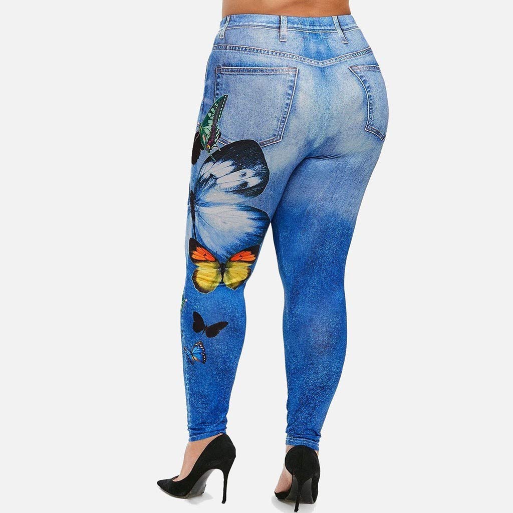 Women's Jean Leggings Plus Size Fake Jeans Butterfly Denim Print Yoga Pants High Waisted Tights Stretch Look Jeggings