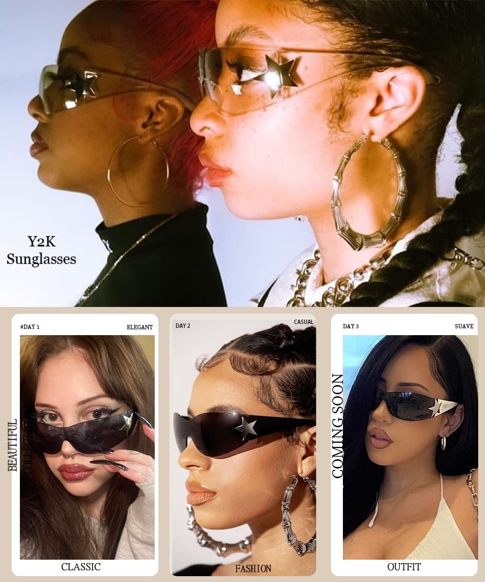 Dollger Trendy Y2K Sunglasses Women Men Rimless Wrap Around Sunglasses Fufuristic Y2K Star Fashion Visor 2000 Glasses Shield Black Shades