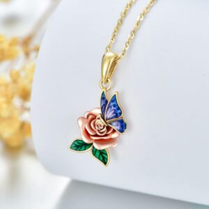 SISGEM 10K Real Gold Butterfly Rose Necklace for Women,Yellow/Rose Gold Rose Flower Pendant Necklace Dainty Rose Butterfly Jewelry Gifts for Birthday Christmas 16+1+1 inch (10K Gold-Yellow)