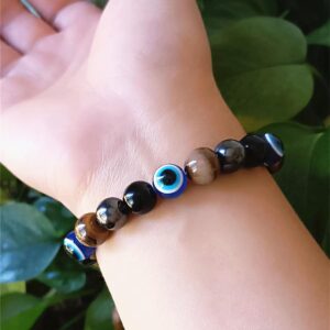 WEFRIN Evil Eye with Hematite Black Obsidian Tiger Eye Stone Triple Protection Bracelets for Men Women, Crystal Jewelry Stone Bracelets Bring Luck and Prosperity and Happiness 10mm Beads