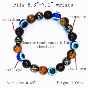 WEFRIN Evil Eye with Hematite Black Obsidian Tiger Eye Stone Triple Protection Bracelets for Men Women, Crystal Jewelry Stone Bracelets Bring Luck and Prosperity and Happiness 10mm Beads