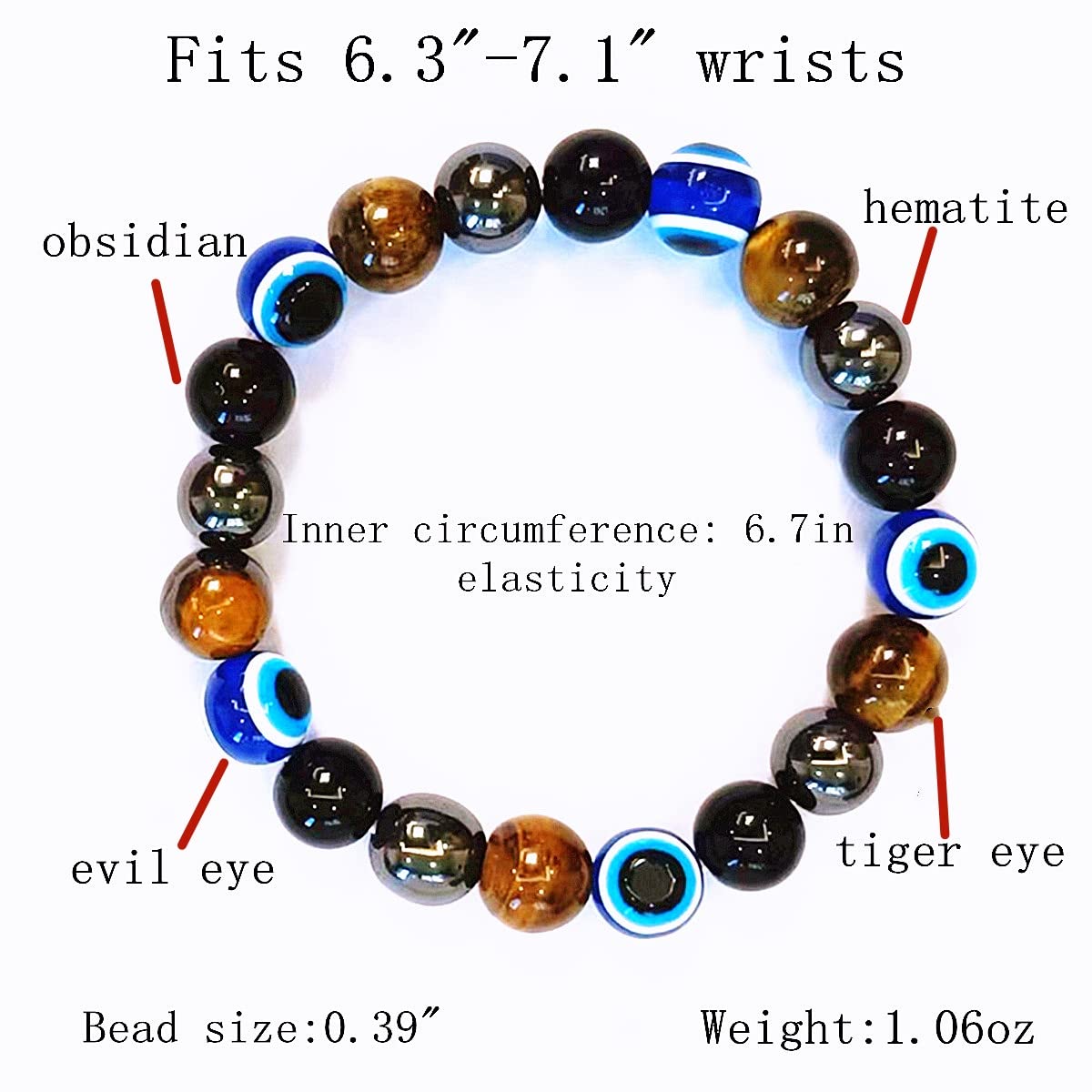 WEFRIN Evil Eye with Hematite Black Obsidian Tiger Eye Stone Triple Protection Bracelets for Men Women, Crystal Jewelry Stone Bracelets Bring Luck and Prosperity and Happiness 10mm Beads