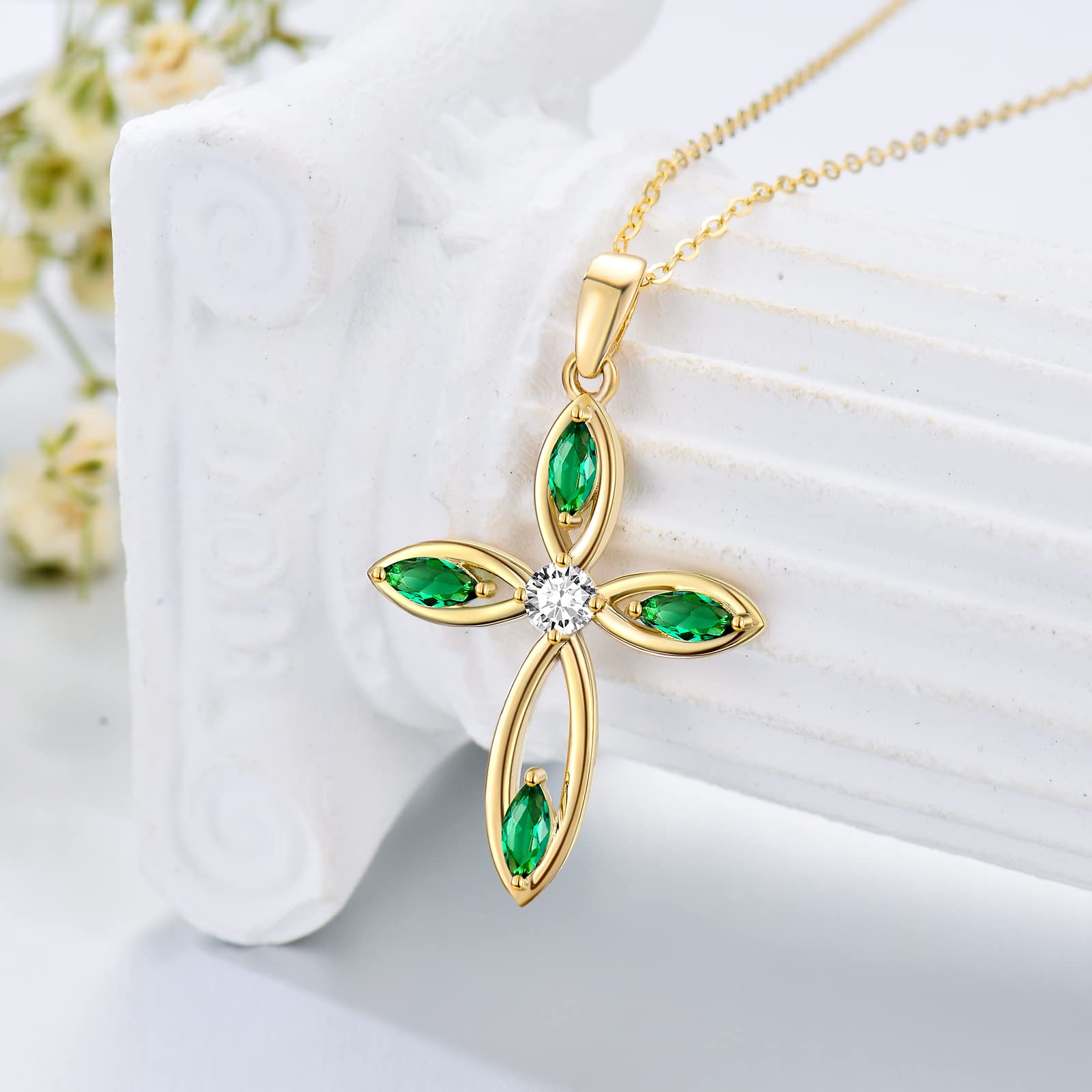 MUUYON 14K Gold Emerald Cross Necklace for Women, Real Yellow Gold Created Emerald Green Cross Pendant Necklace, Religion Jewelry for Ladies Mom Sisters, 16"+1"+1"