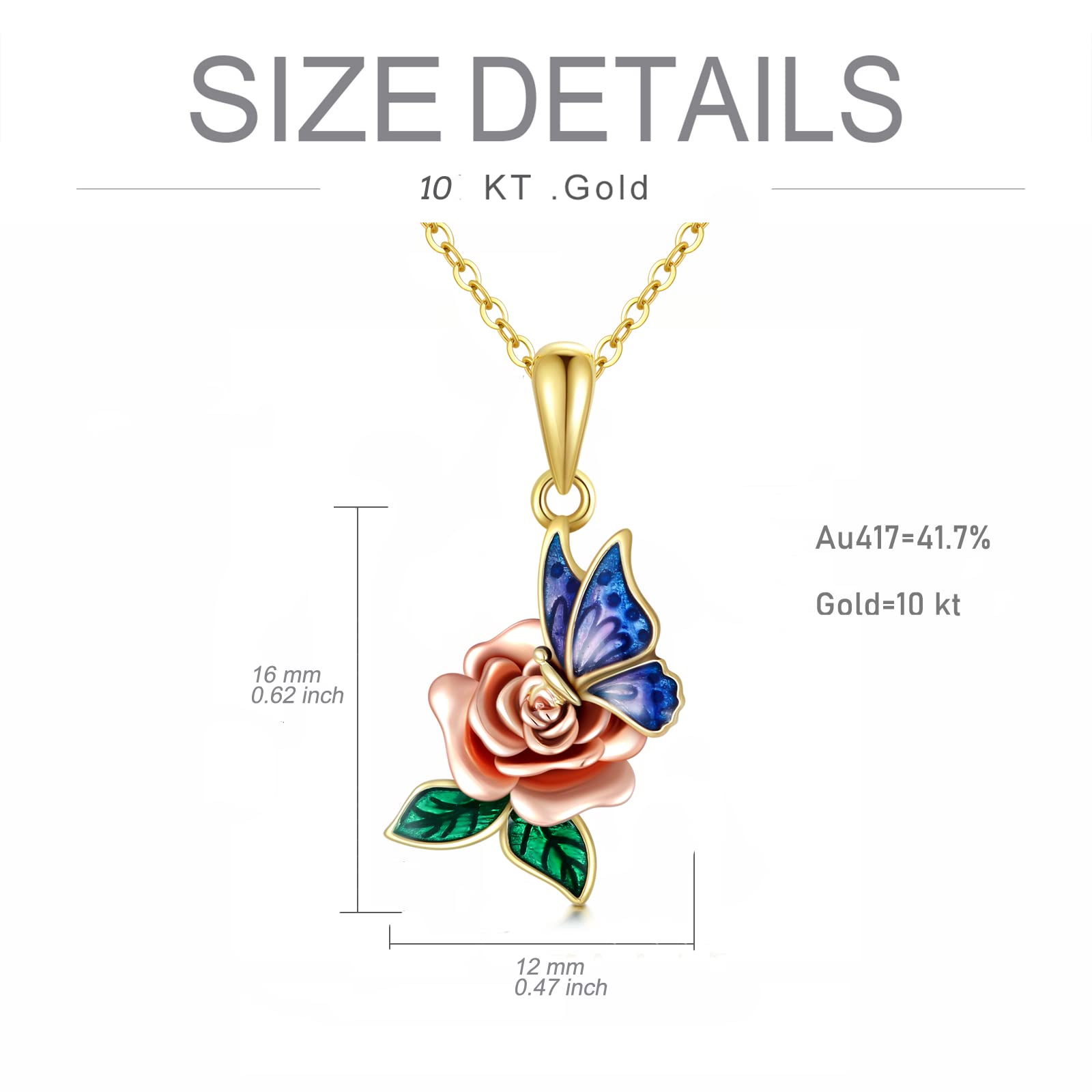 SISGEM 10K Real Gold Butterfly Rose Necklace for Women,Yellow/Rose Gold Rose Flower Pendant Necklace Dainty Rose Butterfly Jewelry Gifts for Birthday Christmas 16+1+1 inch (10K Gold-Yellow)