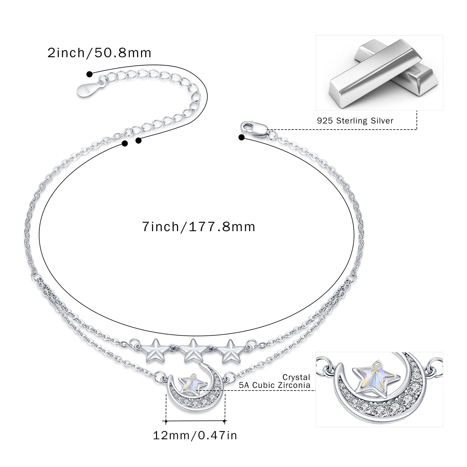 AOVEAO Star and Moon Bracelets 925 Sterling Silver Crescent Star Bracelets Star Moon Layered Anklet Bracelet Jewelry for Women