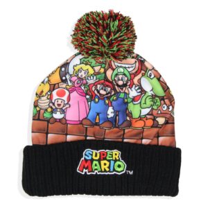 Nintendo Super Mario Multi Character Embroidered Logo Cuffed Pom Beanie Hat