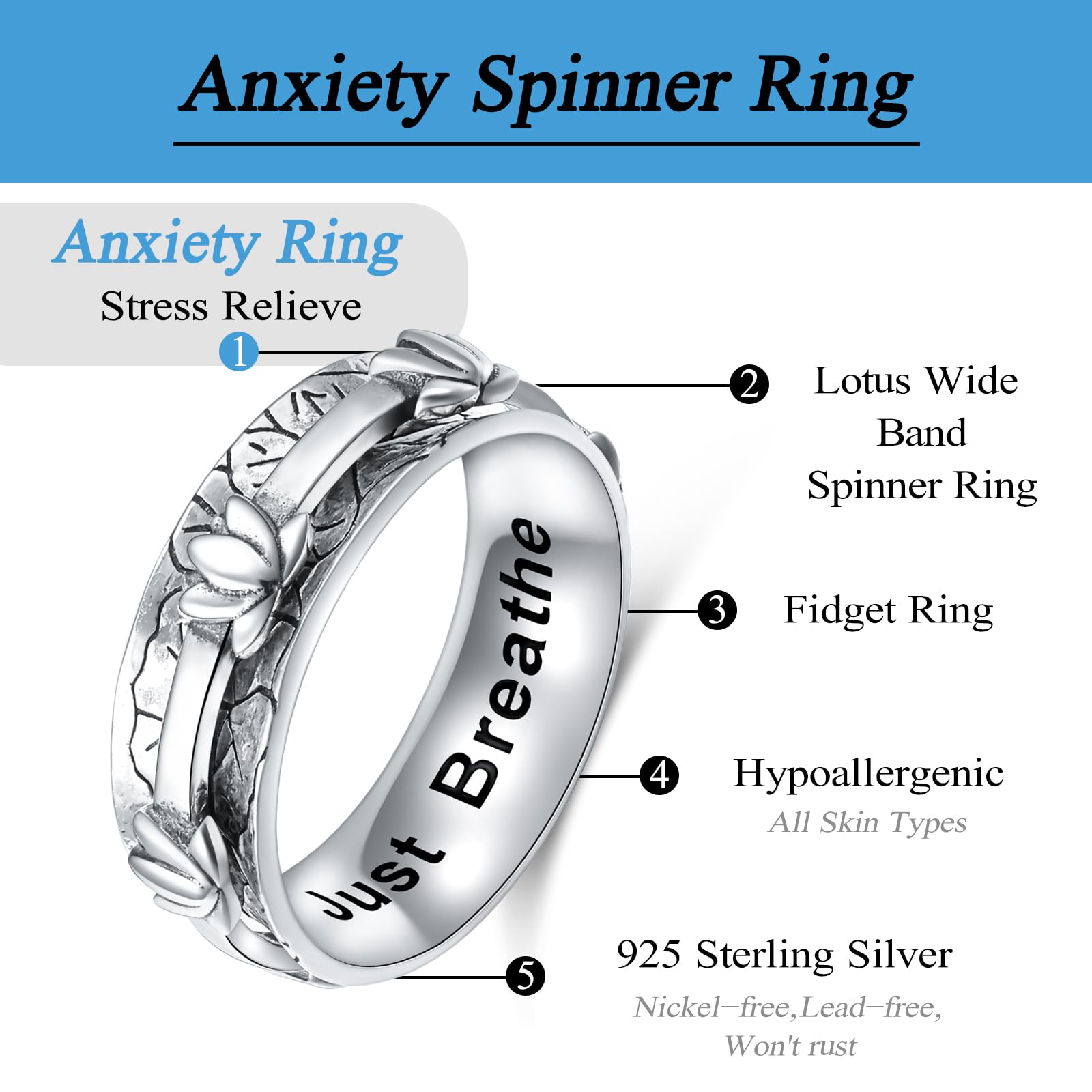 Ladytree Lotus Anxiety Relieve Spinner Rings Just Breathe Yoga Flower Fidget Ring Wide Band Oxidized Sterling Silver ADHD Stress Relieving Ring for Women(7)