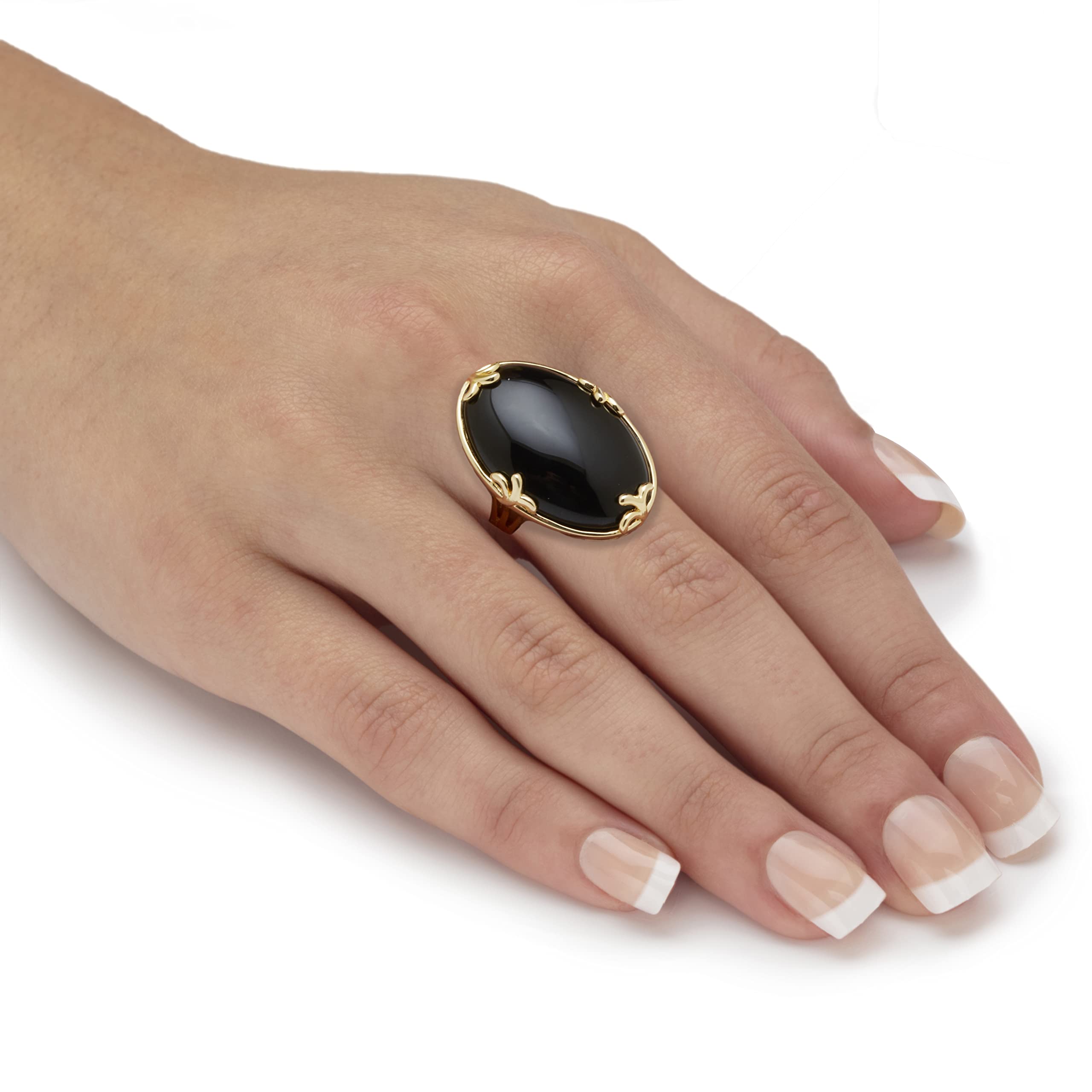 PalmBeach Jewelry 18k Yellow Gold Plated Oval Shaped Genuine Black Agate Green Jade or Rose Quartz Ring Size 8