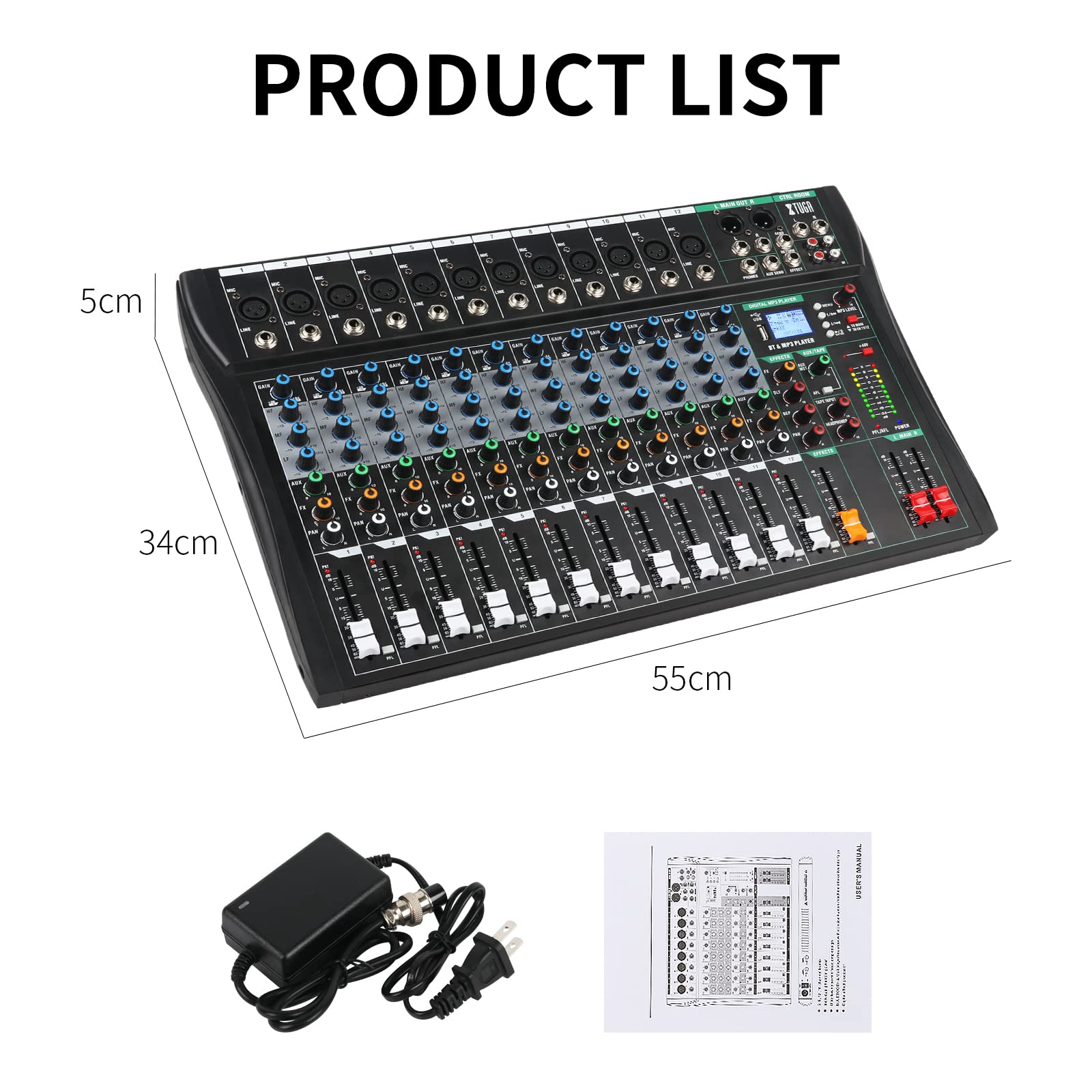 XTUGA CT120 12-Channel Professional Audio Mixer for Computer Recording Sound Controller Interface Built-in Digital Effect Studio Mixer with 48V Phantom Power,RCA Input/Output,MP3,Bluetooth,EQ