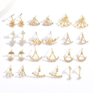 12 Pair Cubic Zirconia Moon and Star Jacket Cuff Earrings for Women, Gold Plated Front Back 2 in 1 with CZ Pearl, Flower Earring Studs