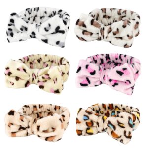 WHAVEL Hairband, 6 Pack Leopard Spa Headband Makeup Headband for Washing Face, Microfiber Bow Headbands Facial Fluffy Hair Band for Washing Face, Ideal for Skincare, Yoga, Shower, Party