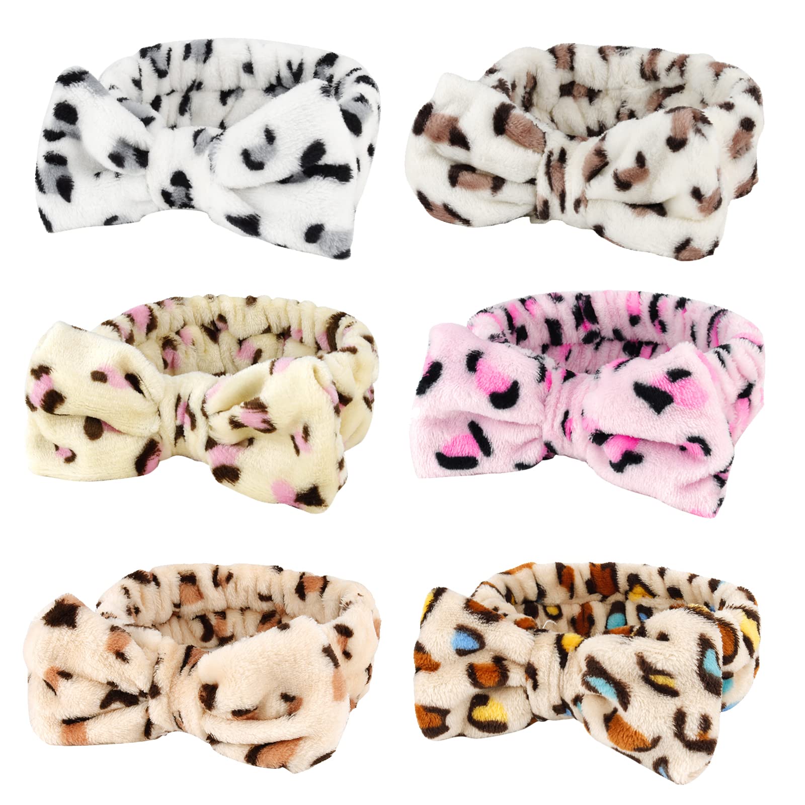 WHAVEL Hairband, 6 Pack Leopard Spa Headband Makeup Headband for Washing Face, Microfiber Bow Headbands Facial Fluffy Hair Band for Washing Face, Ideal for Skincare, Yoga, Shower, Party