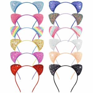 12 pack glitter headbands with sequin cat ears for girls and women - cute hair accessories for daily wear and party decoration (multicolor)