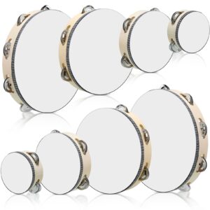 reginary 8 pcs tambourine for adults handheld wood tambourine 4 size single row metal jingles tambourine musical educational tambourine gift rhythm percussion instrument for church party ktv (natural)