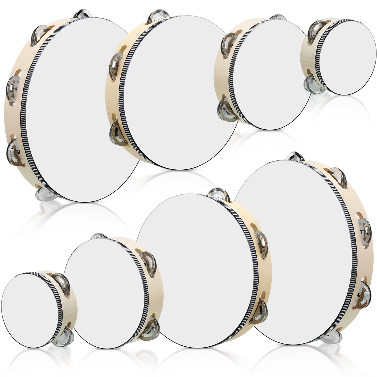 Reginary 8 Pcs Tambourine for Adults Handheld Wood Tambourine 4 Size Single Row Metal Jingles Tambourine Musical Educational Tambourine Gift Rhythm Percussion Instrument for Church Party KTV (Natural)