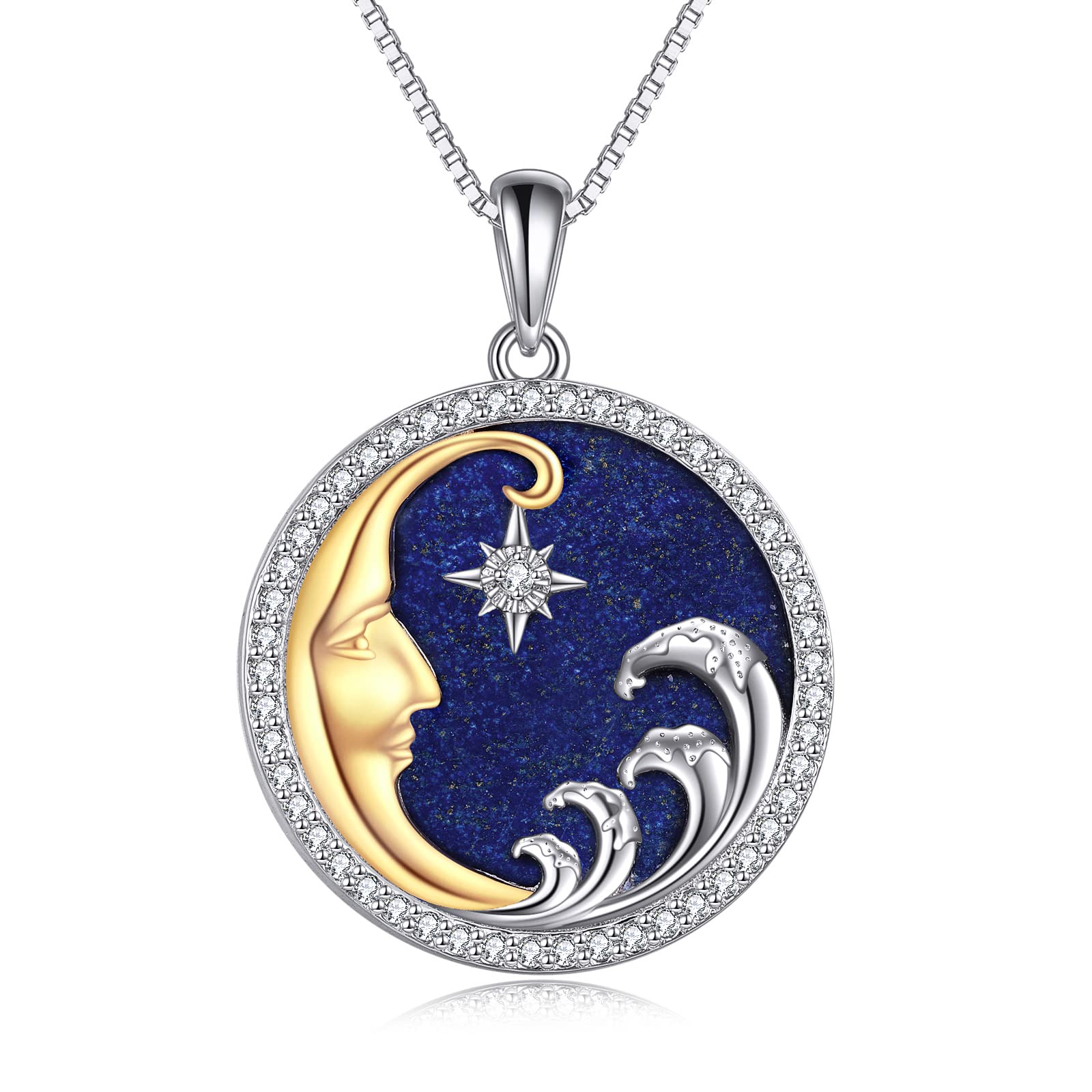 HUKKUN Moon Necklace Sterling Silver Natural Lapis Lazuli Moon and Star Necklace Moon Jewelry