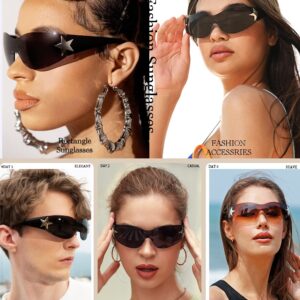 Dollger Trendy Y2K Sunglasses Women Men Rimless Wrap Around Sunglasses Fufuristic Y2K Star Fashion Visor 2000 Glasses Shield Black Shades