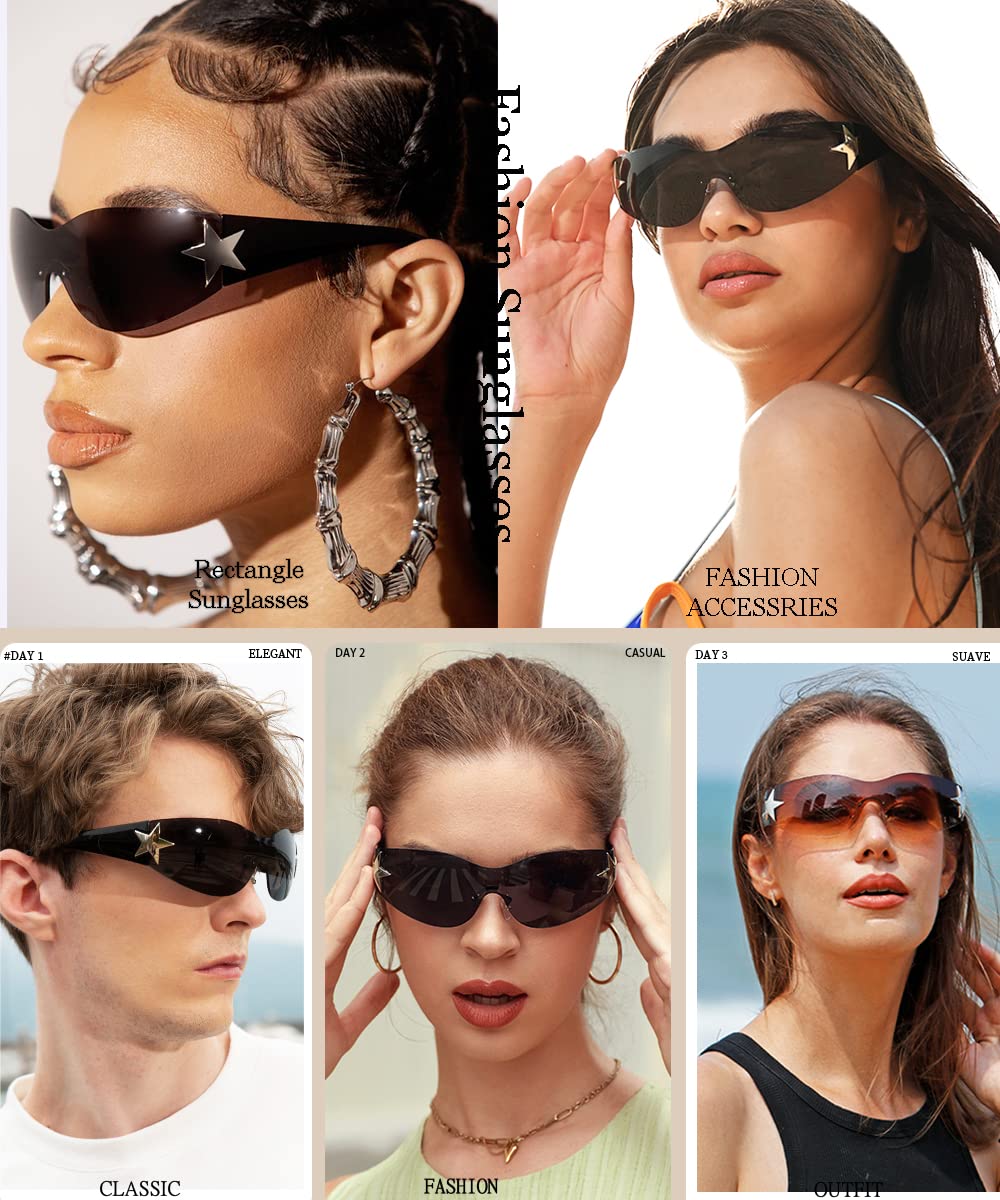 Dollger Trendy Y2K Sunglasses Women Men Rimless Wrap Around Sunglasses Fufuristic Y2K Star Fashion Visor 2000 Glasses Shield Black Shades