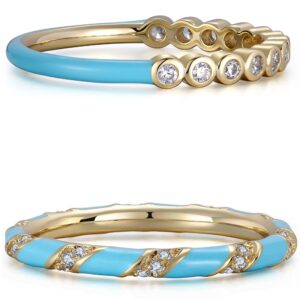 BLOSSOM & HUE Turquoise Ring Stacker Set | Size 7 | Two Tone CZ & Enamel Stacking Band | Set of 2 |Stackable Half Eternity