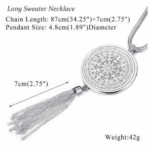 Jstyle 6Pcs Long Pendant Necklaces for Women Long Sweater Necklaces Silver Flower Tassel Disk Circle Leaf Statement Sweater Chain Necklace for Women Y Necklace Set Fashion Jewelry C