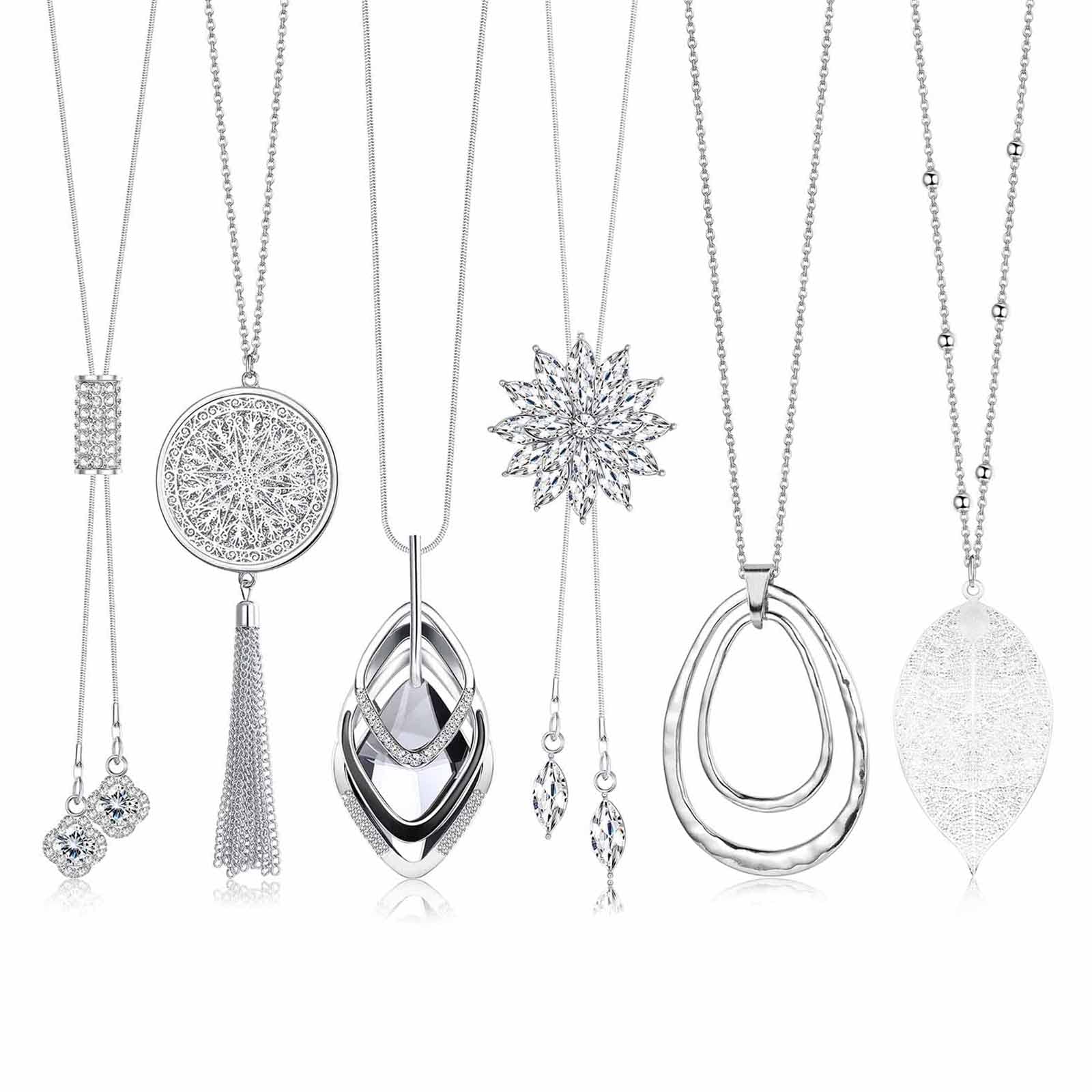 Jstyle 6Pcs Long Pendant Necklaces for Women Long Sweater Necklaces Silver Flower Tassel Disk Circle Leaf Statement Sweater Chain Necklace for Women Y Necklace Set Fashion Jewelry C