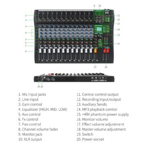 XTUGA CT120 12-Channel Professional Audio Mixer for Computer Recording Sound Controller Interface Built-in Digital Effect Studio Mixer with 48V Phantom Power,RCA Input/Output,MP3,Bluetooth,EQ