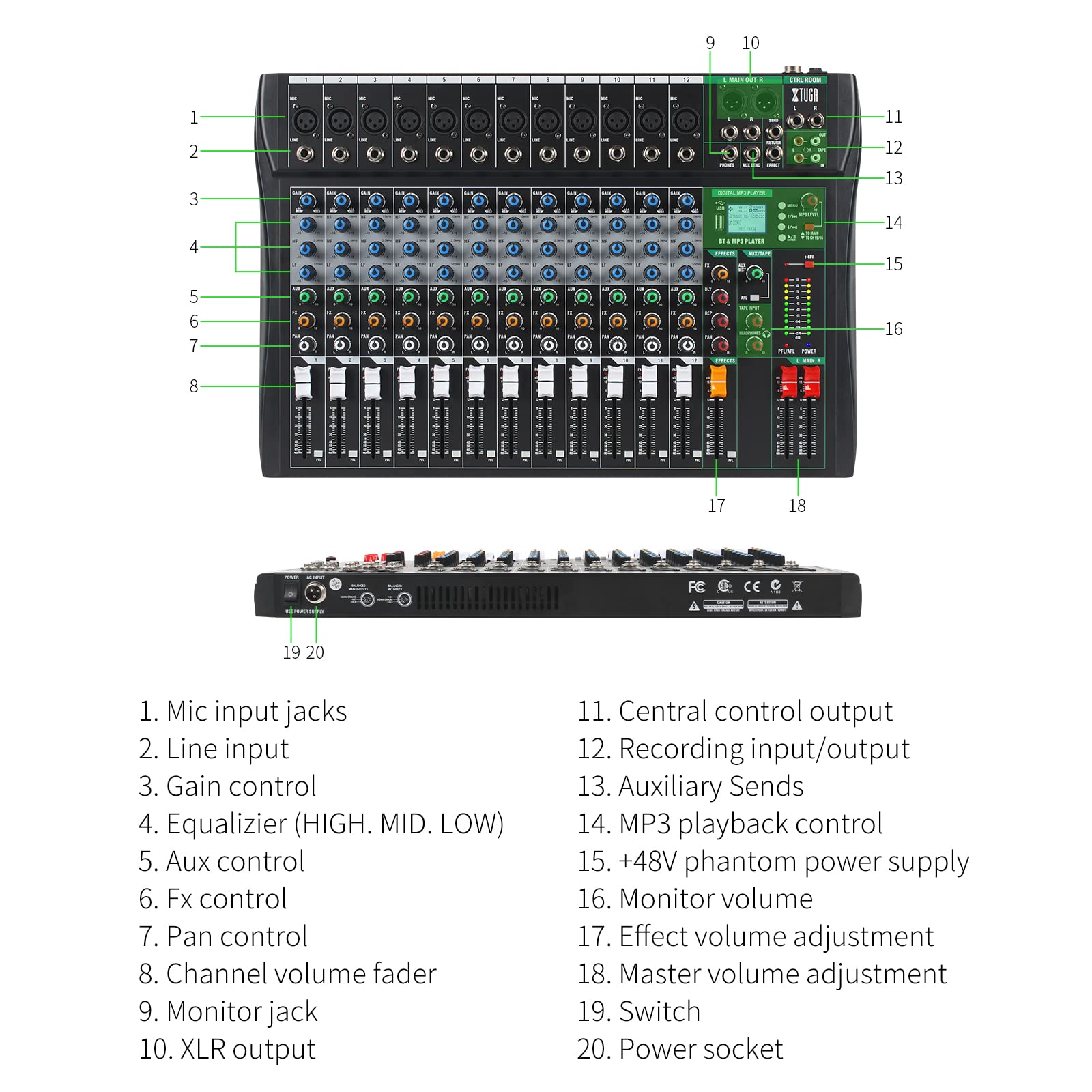 XTUGA CT120 12-Channel Professional Audio Mixer for Computer Recording Sound Controller Interface Built-in Digital Effect Studio Mixer with 48V Phantom Power,RCA Input/Output,MP3,Bluetooth,EQ