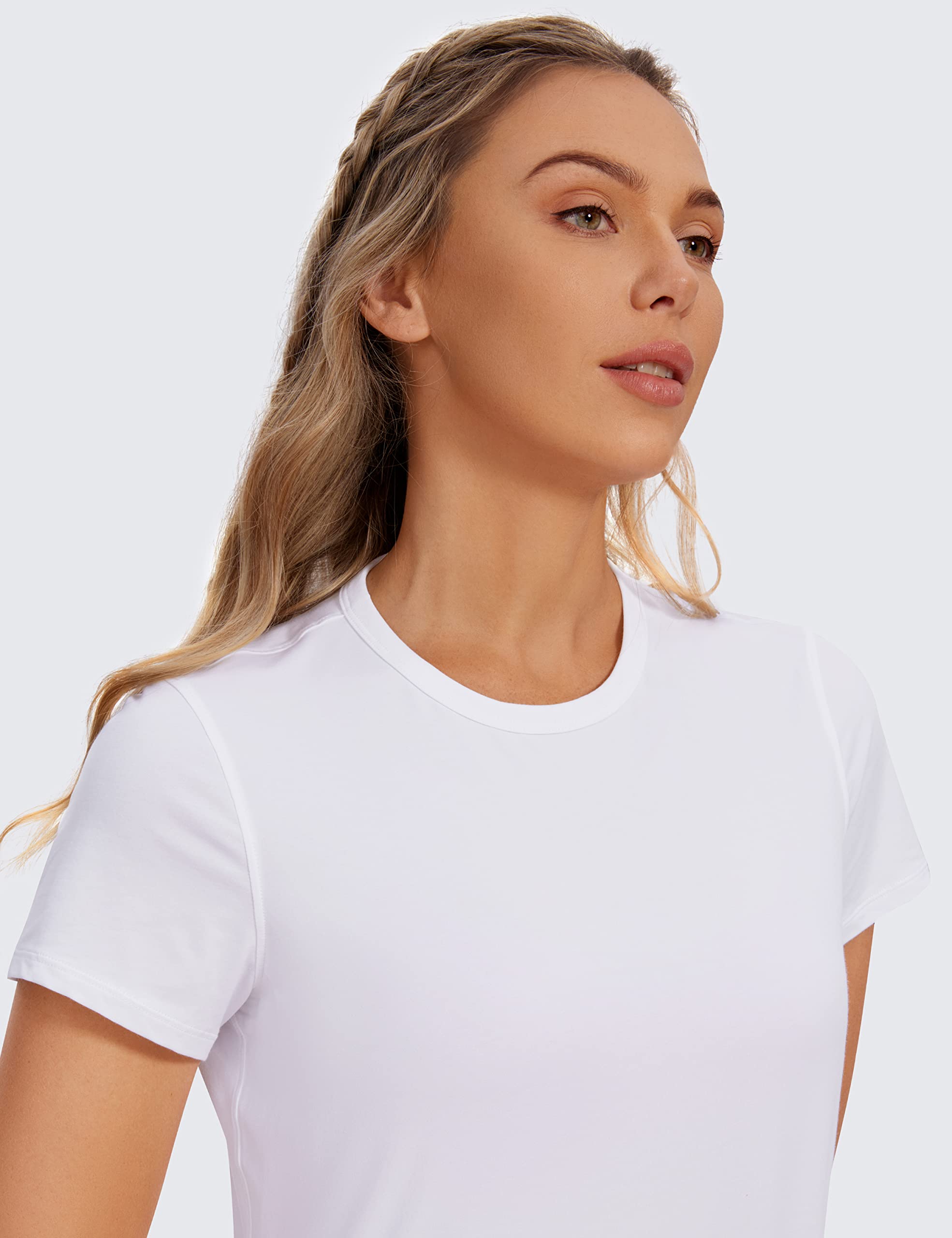 CRZ YOGA Women's Pima Cotton Short Sleeve Crop Tops High Neck Cropped Workout Tops Yoga Athletic Shirts Casual T-Shirt White X-Small