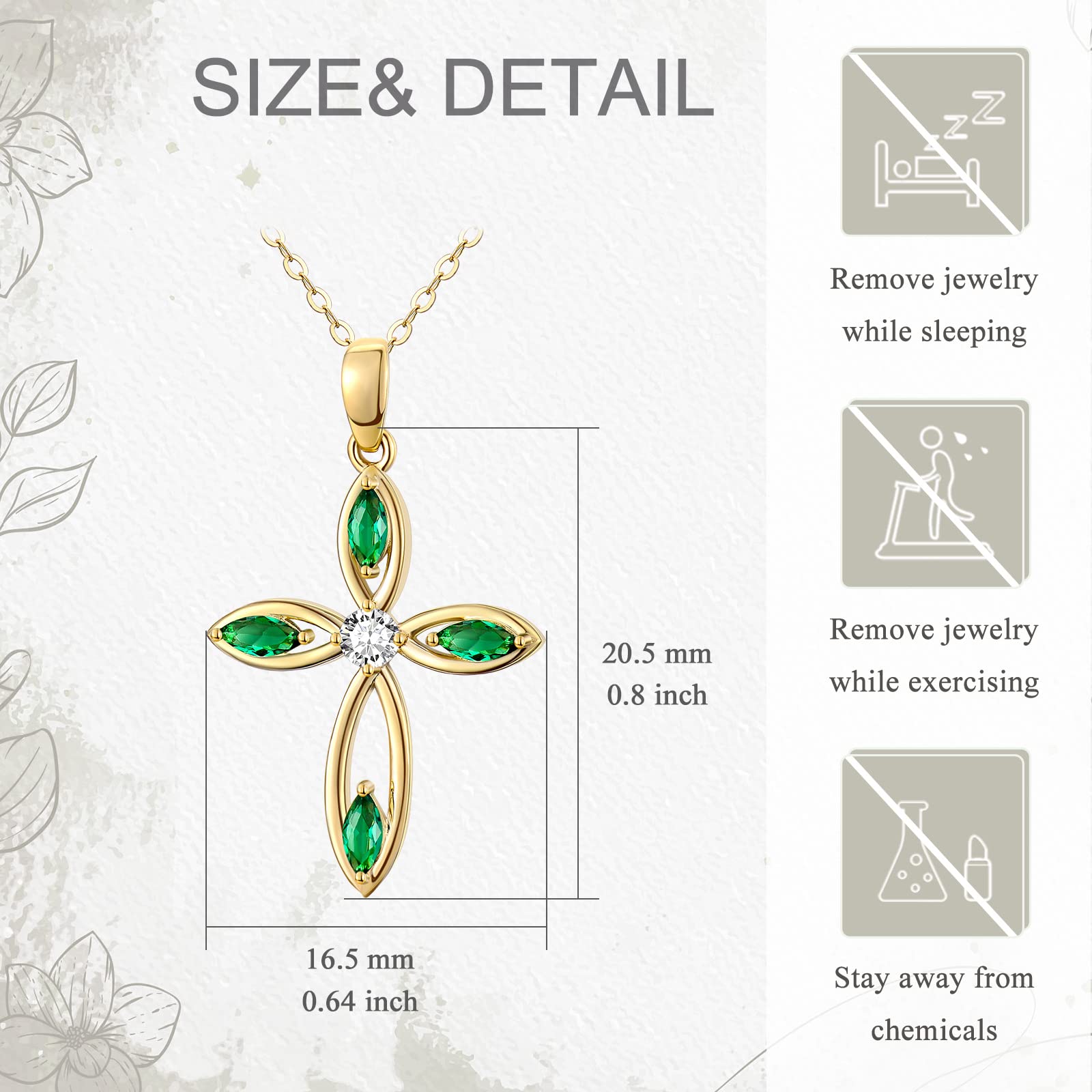 MUUYON 14K Gold Emerald Cross Necklace for Women, Real Yellow Gold Created Emerald Green Cross Pendant Necklace, Religion Jewelry for Ladies Mom Sisters, 16"+1"+1"