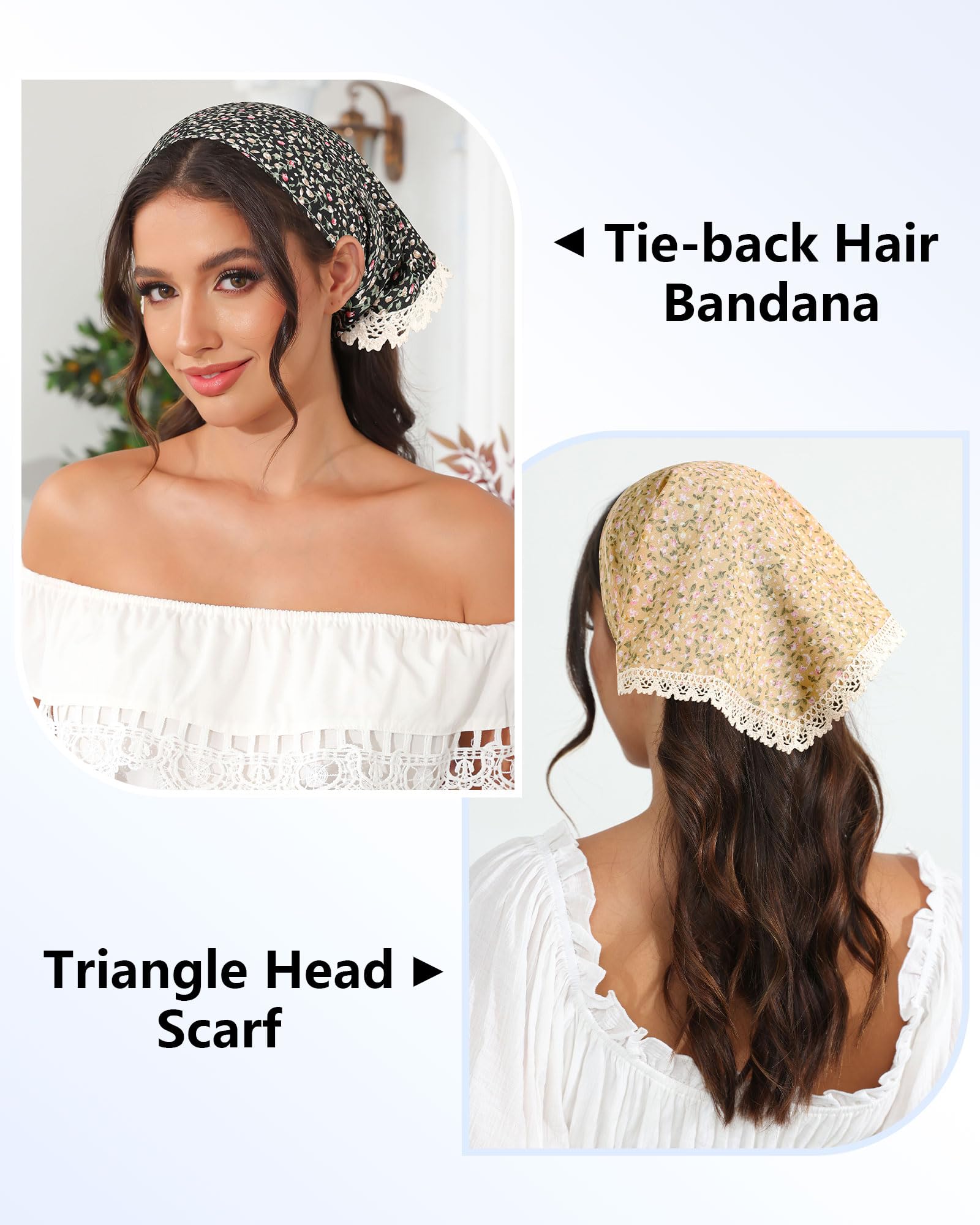 AWAYTR 3Pcs Hair Bandanas Head Kerchief for Women Girls Tie-Back Boho Hair Scarf Headband Bandana Triangle Head Scarf (Floral - Blue/Black/Yellow)