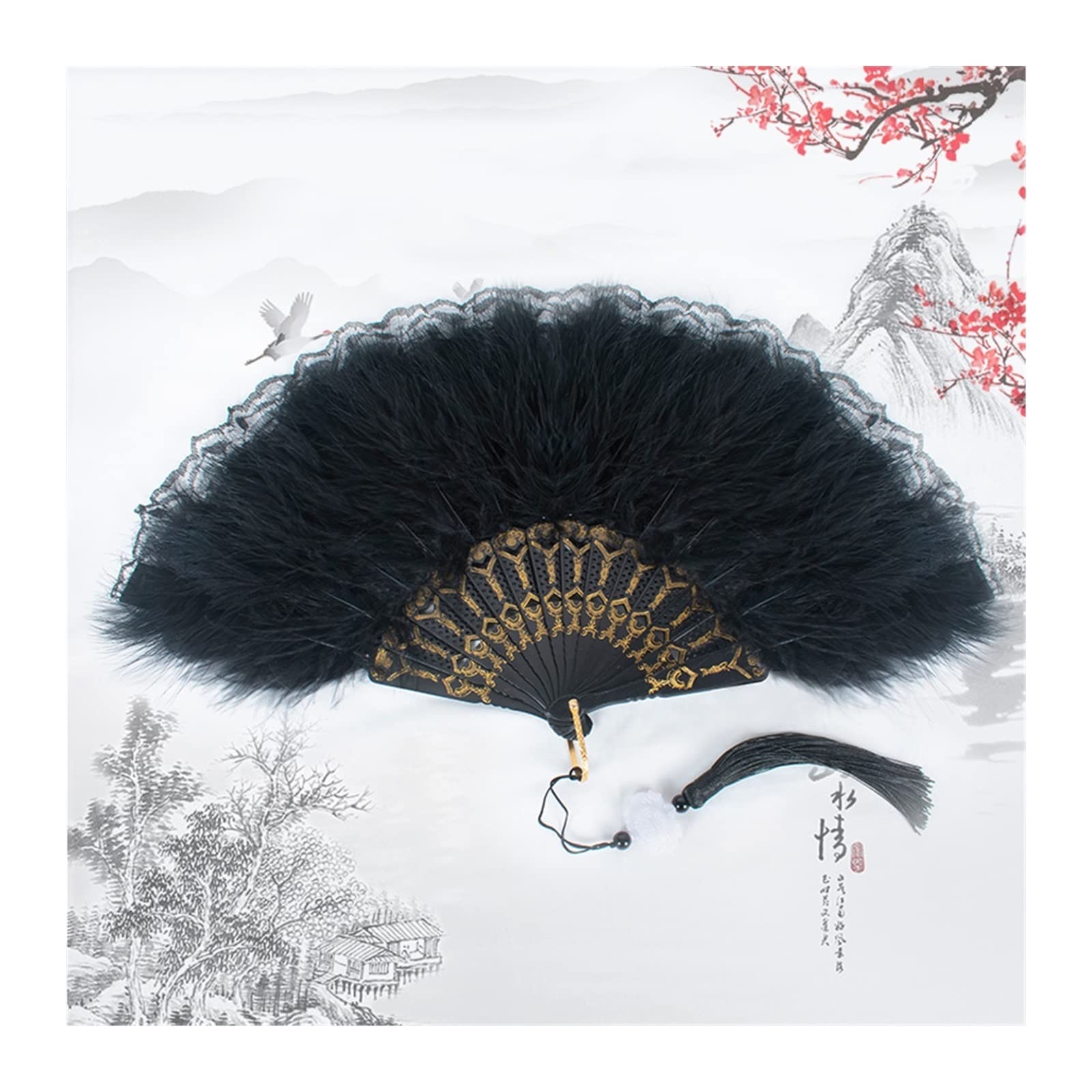 IXOUP Feather Fan Dance Cheongsam Catwalk Folding Fan Hanfu Lace Fan Ancient Style Black Female Dance Fan (Color : Small)