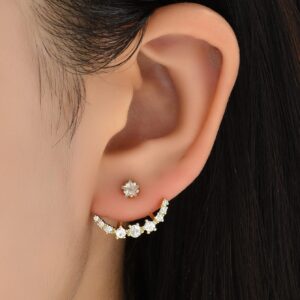 12 Pair Cubic Zirconia Moon and Star Jacket Cuff Earrings for Women, Gold Plated Front Back 2 in 1 with CZ Pearl, Flower Earring Studs