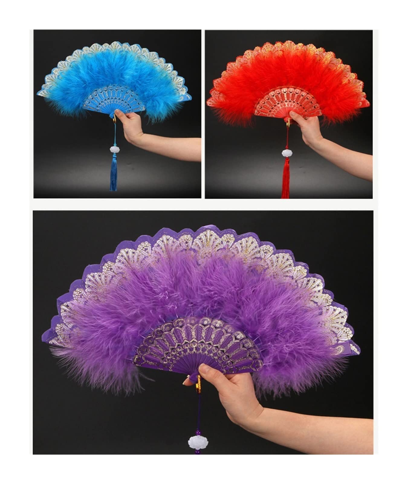 IXOUP Feather Fan Dance Cheongsam Catwalk Folding Fan Hanfu Lace Fan Ancient Style Black Female Dance Fan (Color : Small)