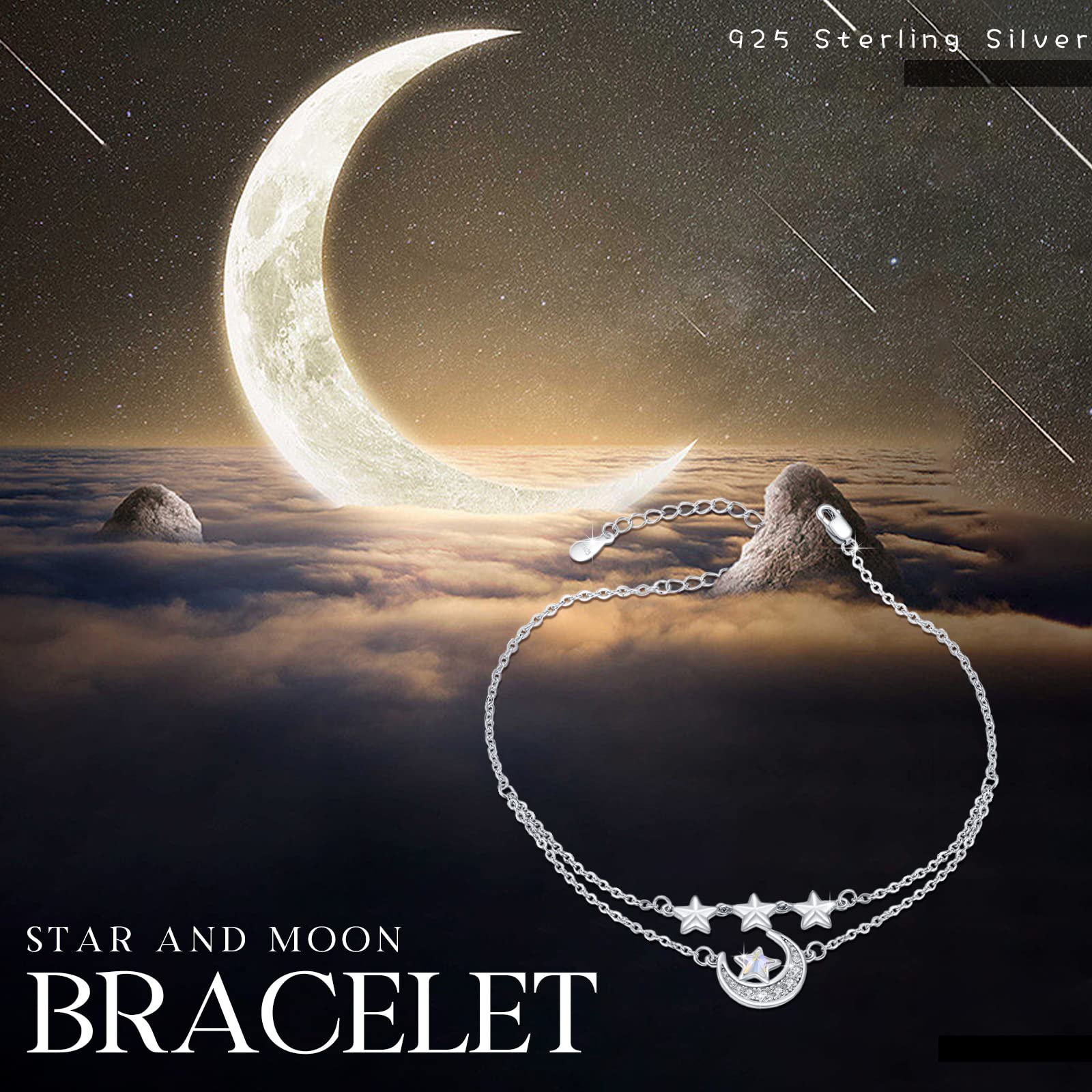 AOVEAO Star and Moon Bracelets 925 Sterling Silver Crescent Star Bracelets Star Moon Layered Anklet Bracelet Jewelry for Women