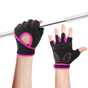 luwint kids workout gloves, ventilated grip exercise gloves for boys and girls weightlifting hanging gym, children 6-8 years (pink, medium)