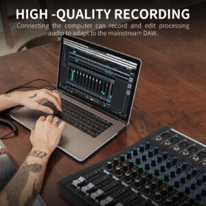 XTUGA CT120 12-Channel Professional Audio Mixer for Computer Recording Sound Controller Interface Built-in Digital Effect Studio Mixer with 48V Phantom Power,RCA Input/Output,MP3,Bluetooth,EQ