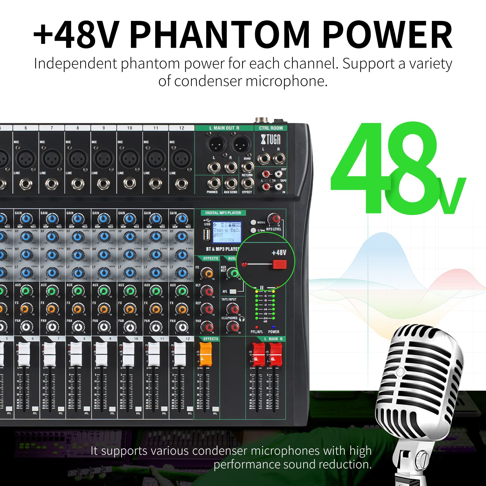 XTUGA CT120 12-Channel Professional Audio Mixer for Computer Recording Sound Controller Interface Built-in Digital Effect Studio Mixer with 48V Phantom Power,RCA Input/Output,MP3,Bluetooth,EQ