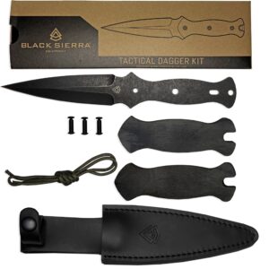 Black Sierra Tactical Dual Edge Knife Building Kit, DIY Fixed Stainless Steel Blade Comes with Leather Sheath, Hobbyist Knife Kit for Survival, Camping, Hunting, Fishing, Gifts