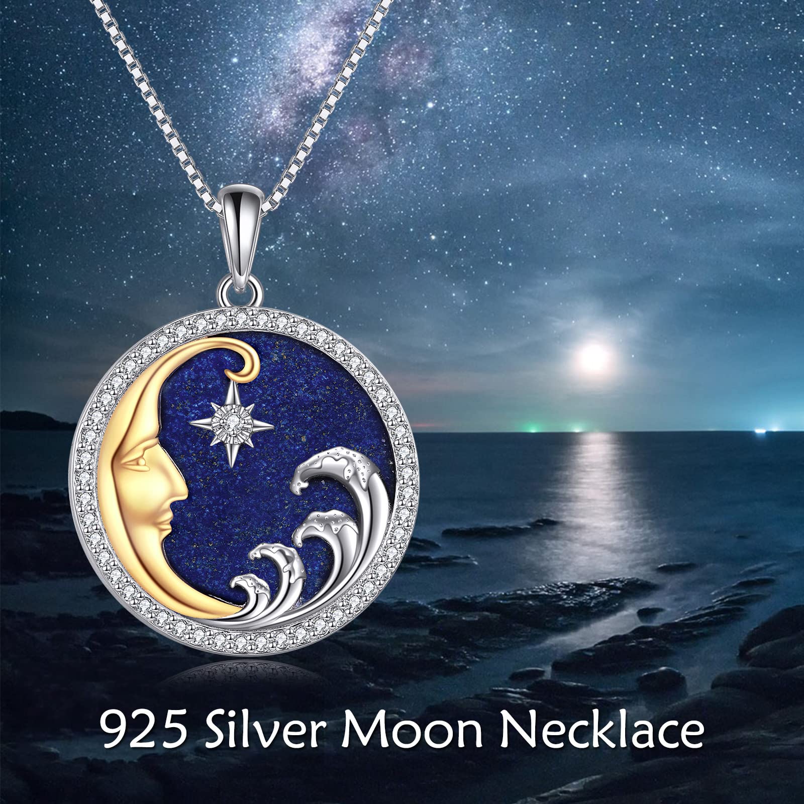 HUKKUN Moon Necklace Sterling Silver Natural Lapis Lazuli Moon and Star Necklace Moon Jewelry