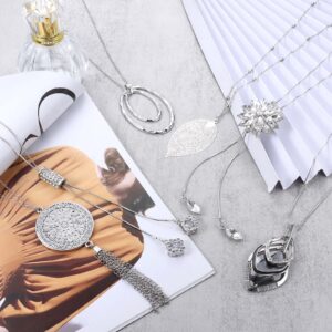 Jstyle 6Pcs Long Pendant Necklaces for Women Long Sweater Necklaces Silver Flower Tassel Disk Circle Leaf Statement Sweater Chain Necklace for Women Y Necklace Set Fashion Jewelry C