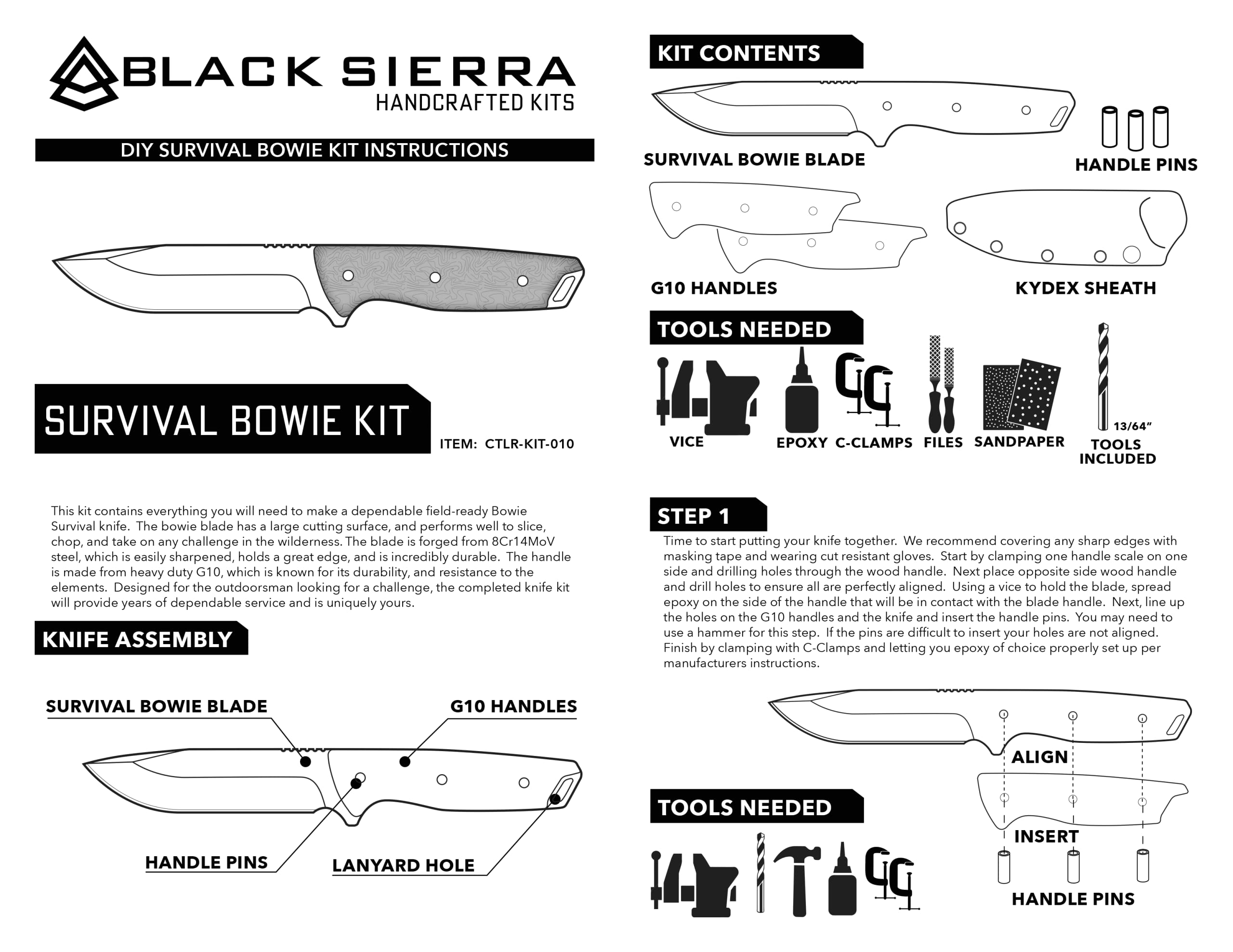 Black Sierra Survival Bowie Knife Building Kit - Hunting Knife with Sheath, DIY Stainless Steel Fixed Blade Full Tang Camping Knife comes with Kydex Sheath, Gift Idea