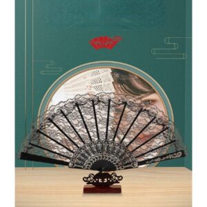 IXOUP Retro Style Lace Cheongsam Fan Folding Fan Lace Fan Catwalk Hanfu Black Circular Fan Small Fan (Color : 2)