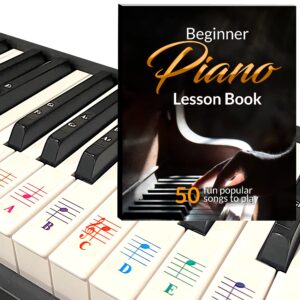 beginner piano book for kids, piano keyboard stickers, 50 amazing & popular songs, color piano key stickers for 88/76/61/54/49/37 key keyboards, transparent and removable