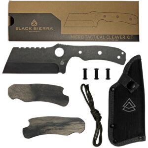 black sierra micro cleaver knife building kit, hammered finish fixed steel blade with leather sheath, hobbyist chef knife, carbon steel cutlery meat cutting blade, perfect for father's day or a gift for him