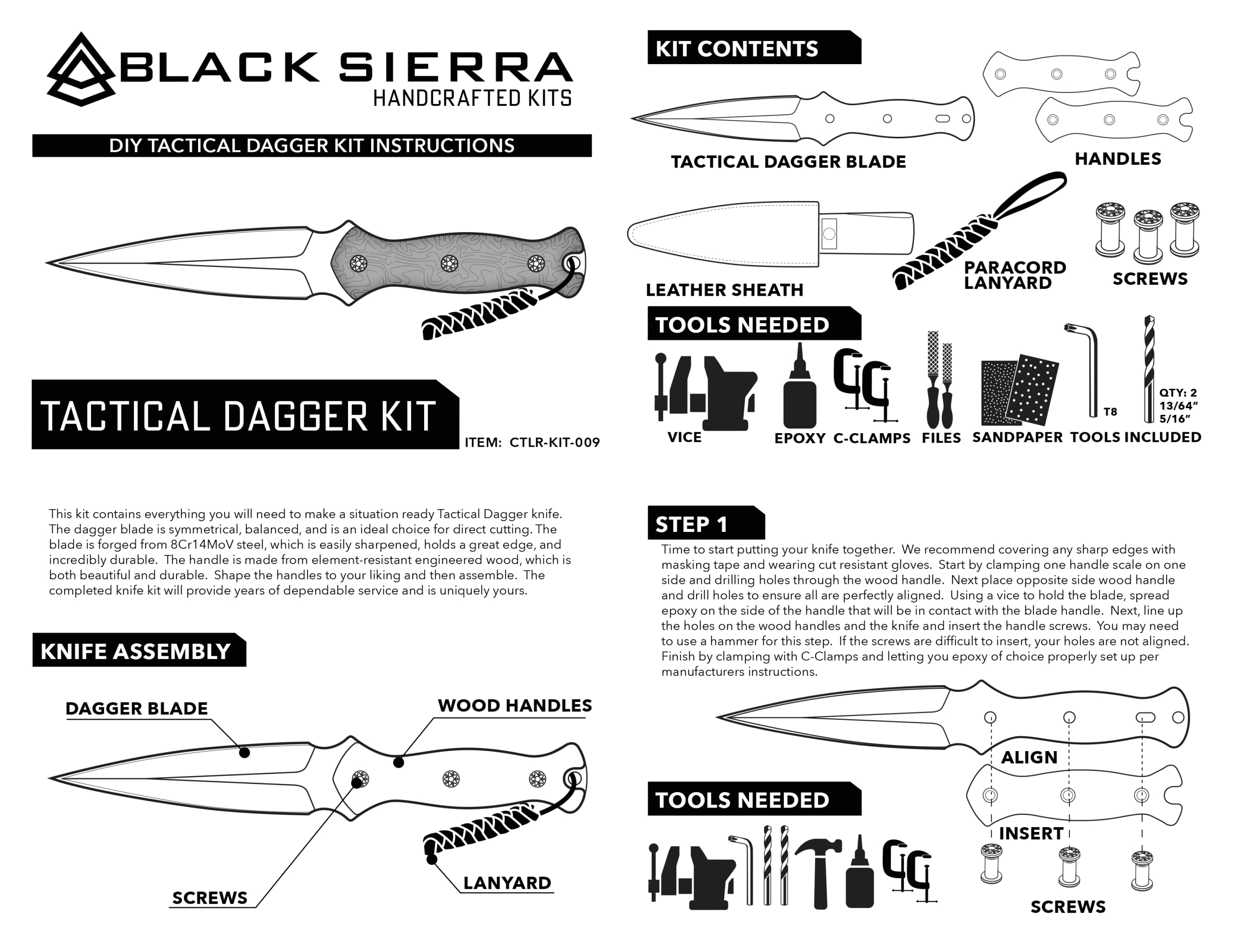 Black Sierra Tactical Dual Edge Knife Building Kit, DIY Fixed Stainless Steel Blade Comes with Leather Sheath, Hobbyist Knife Kit for Survival, Camping, Hunting, Fishing, Gifts