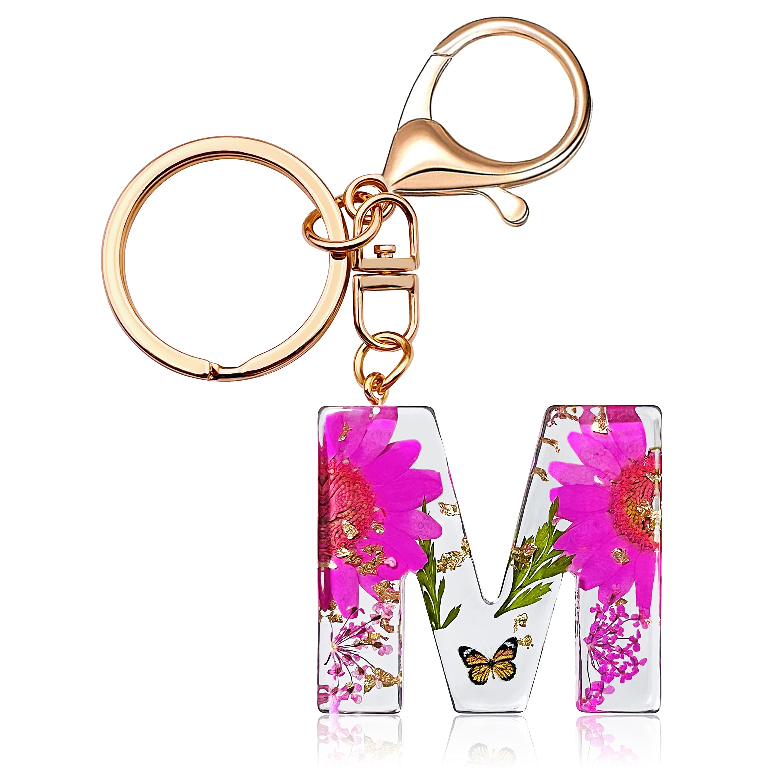 Initial Letter Butterfly Flower Pink Keychain Birthday gifts for Women Girl Backpack Wallet Car Key Cute Bling Keychain