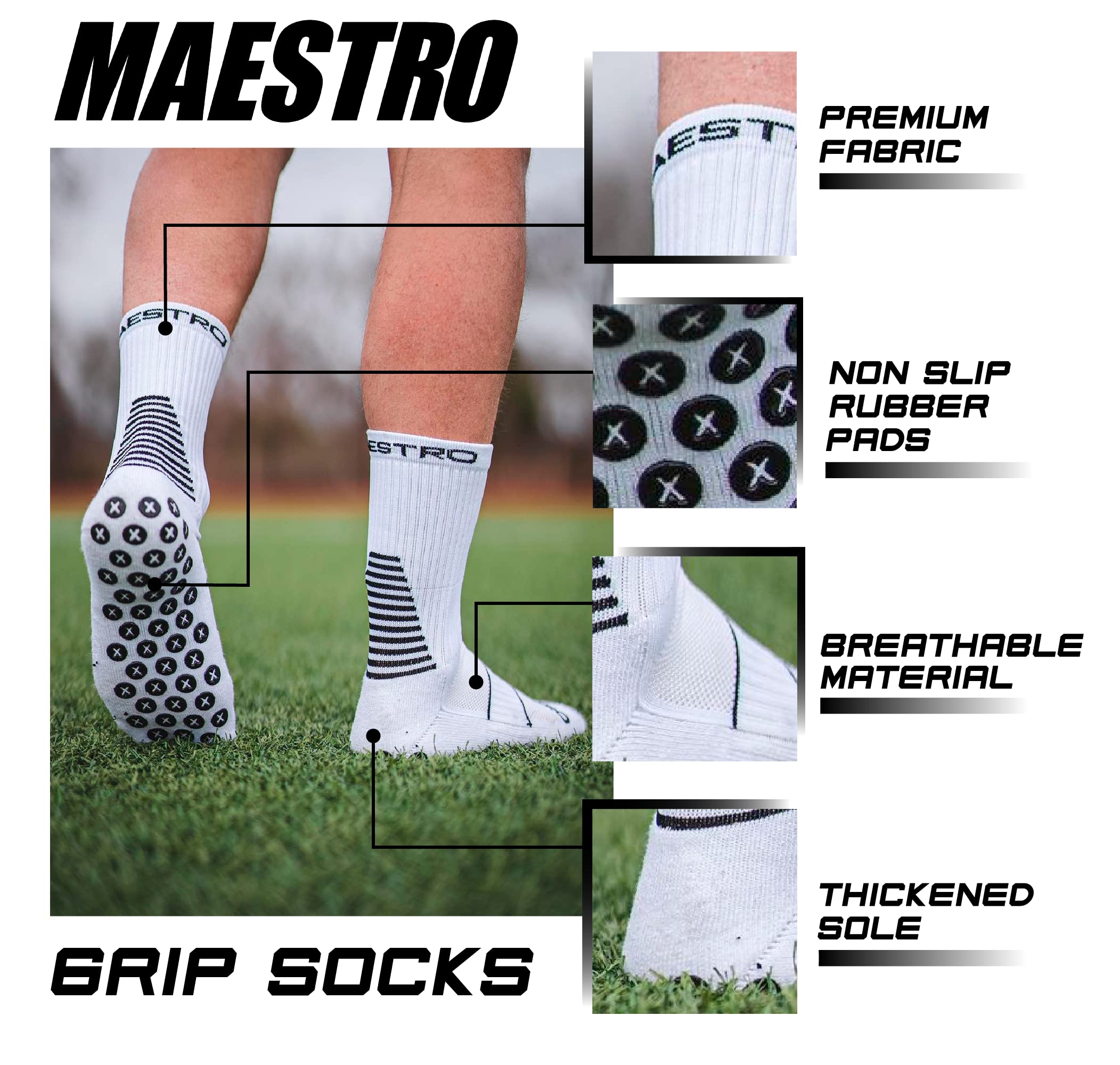 Maestro Grip Socks – Anti-Slip Socks for Men and Women – Soccer, Football, Basketball, Hockey Non-Slip Socks (as1, alpha, l, regular, regular, White)