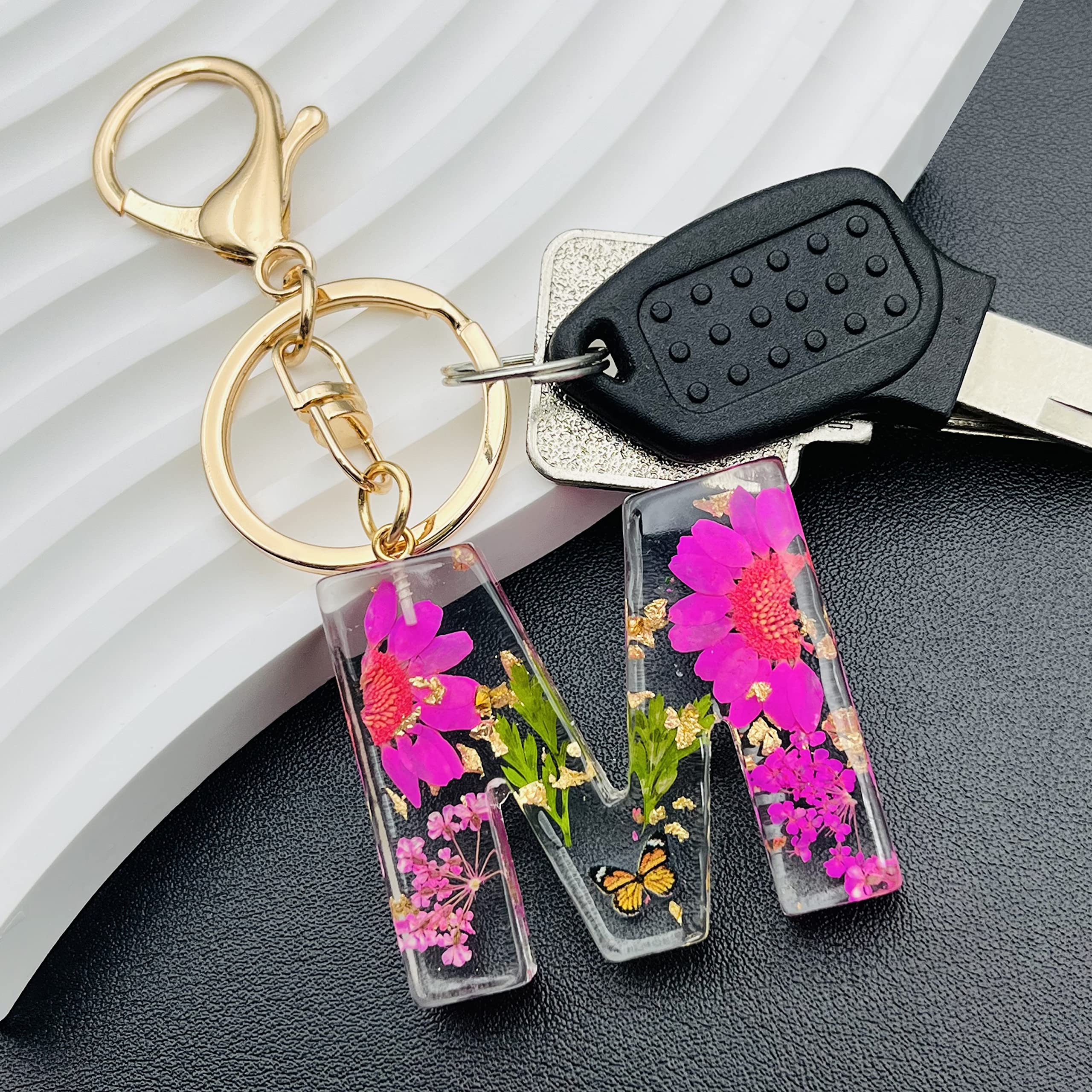 Initial Letter Butterfly Flower Pink Keychain Birthday gifts for Women Girl Backpack Wallet Car Key Cute Bling Keychain