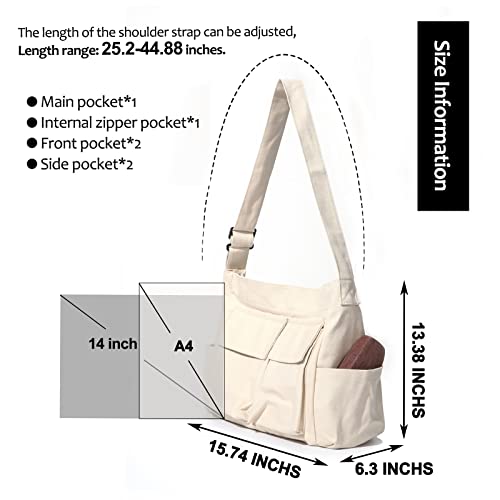 VODIU Canvas Messenger Bag Large Hobo Crossbody Bag with Multiple Pockets For Women And Men Shoulder Tote Bag For School