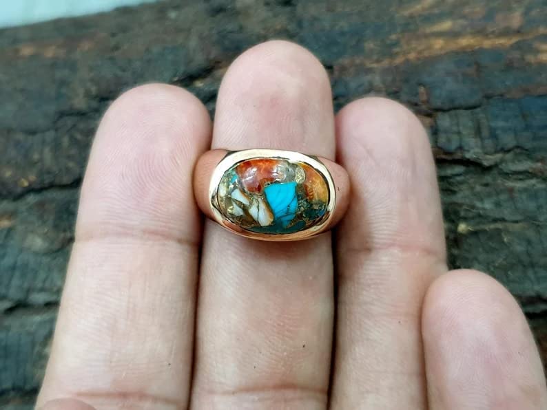 Oyster Turquoise Ring for Men and Women Sterling Silver rings Handmade engagement Jewelry Copper Birthstone Gemstone (Sterling Silver, 10)